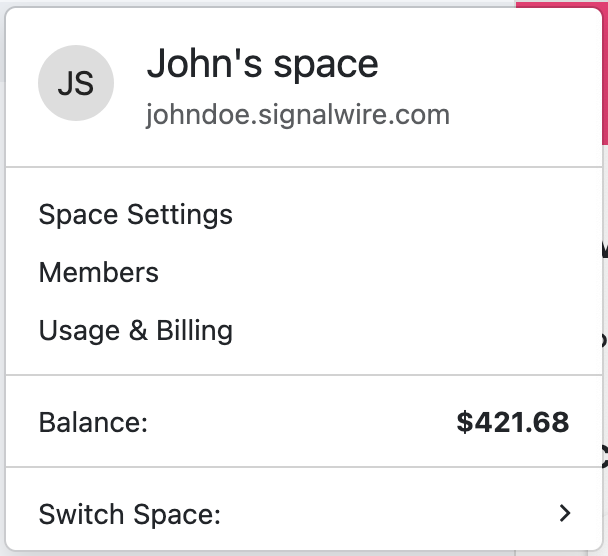 The SignalWire Space menu.