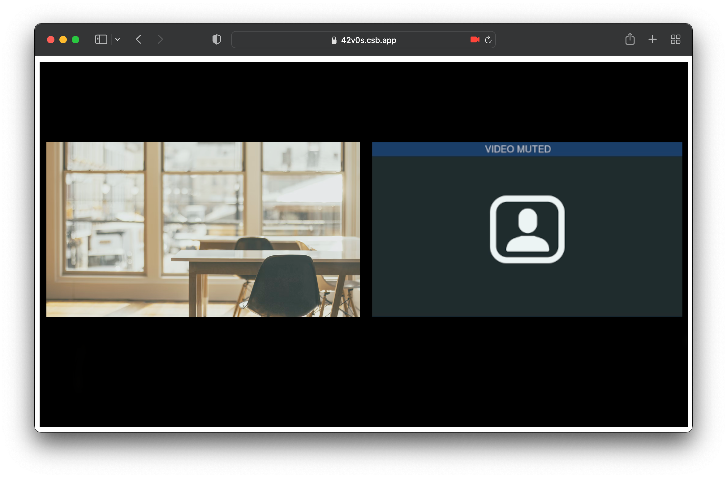 a video room in a Safari browser window. There are two participants, one with video muted.
